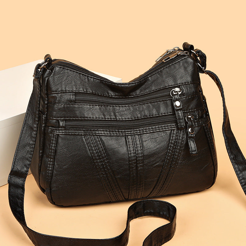 Soft Washed-Leather Textured Shoulder Crossbody Bag