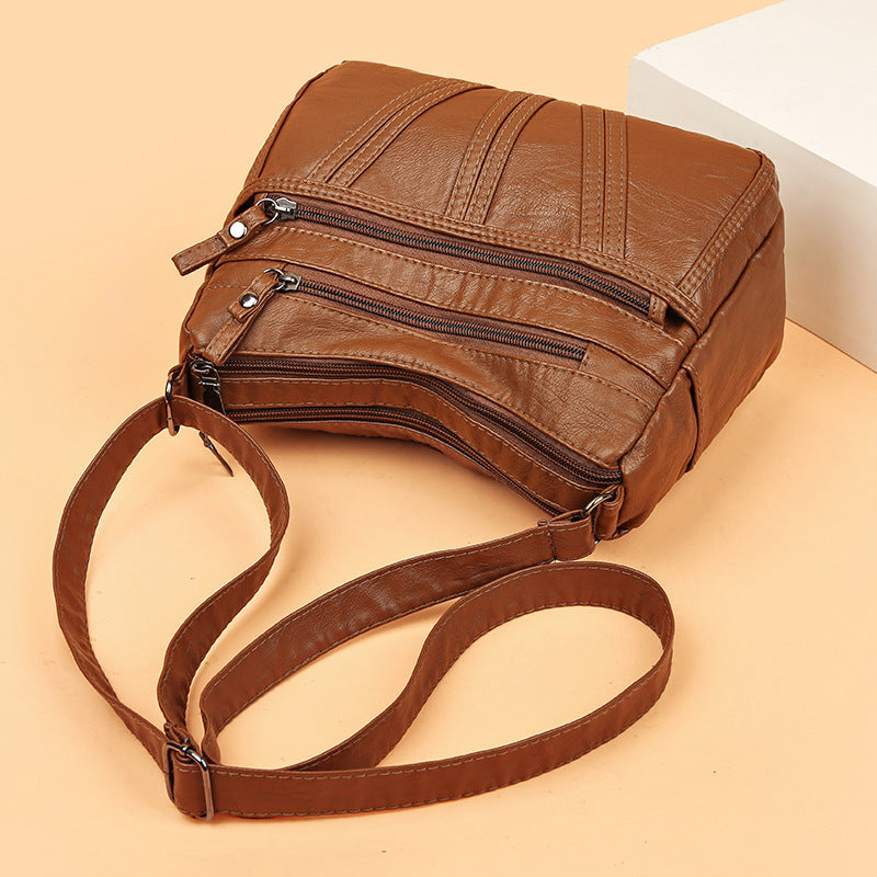 Soft Washed-Leather Textured Shoulder Crossbody Bag