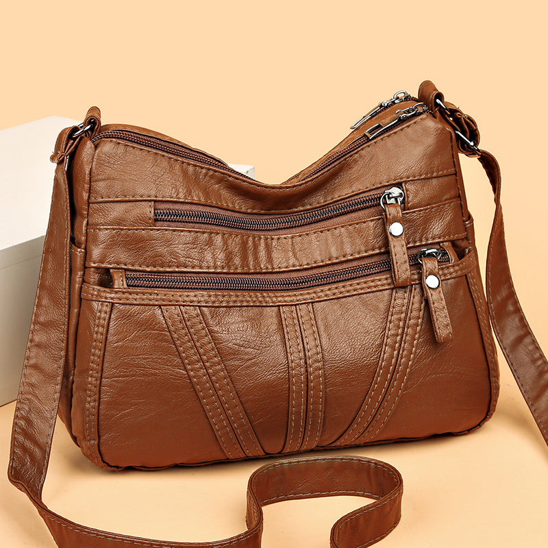 Soft Washed-Leather Textured Shoulder Crossbody Bag