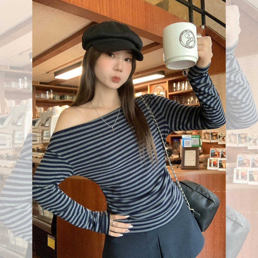 Niche Color-Block Striped Long-Sleeve T-Shirt for Women