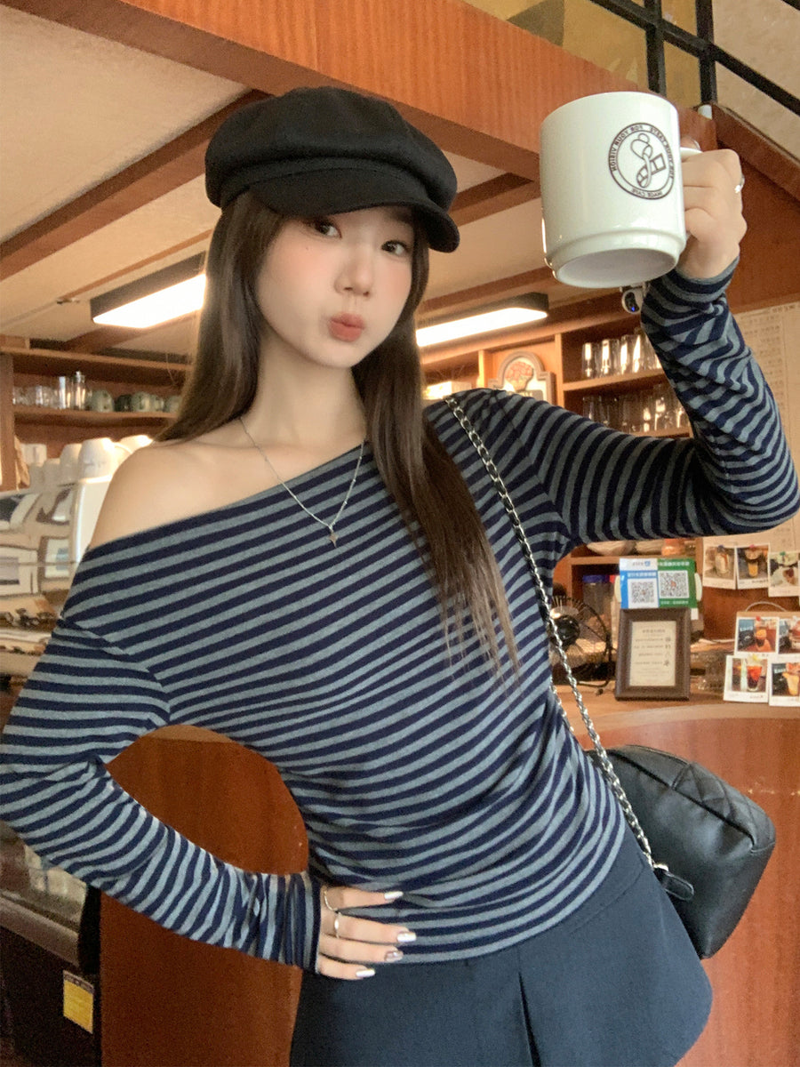 Niche Color-Block Striped Long-Sleeve T-Shirt for Women