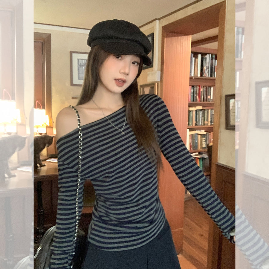 Niche Color-Block Striped Long-Sleeve T-Shirt for Women