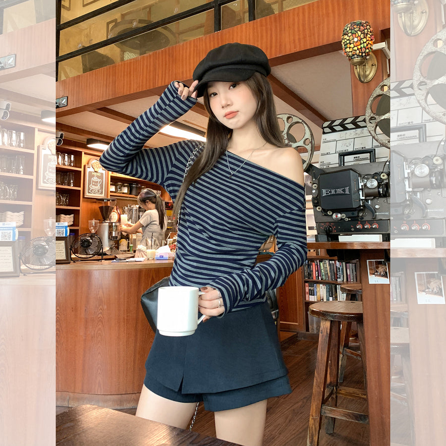 Niche Color-Block Striped Long-Sleeve T-Shirt for Women