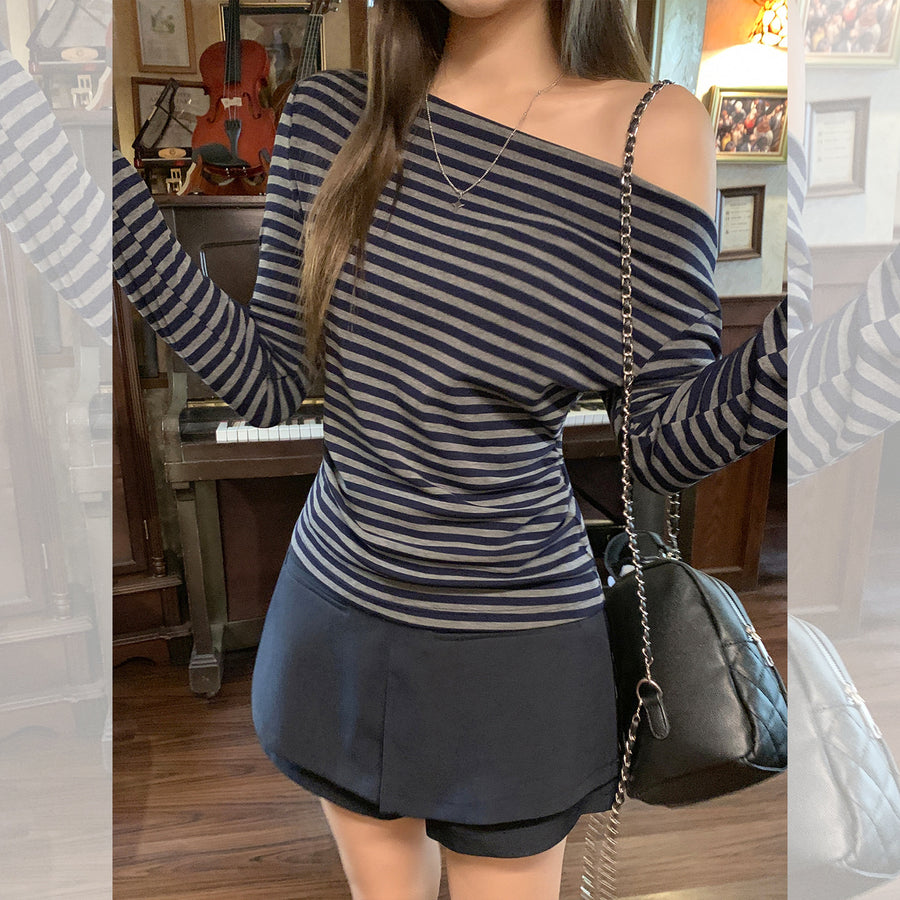 Niche Color-Block Striped Long-Sleeve T-Shirt for Women