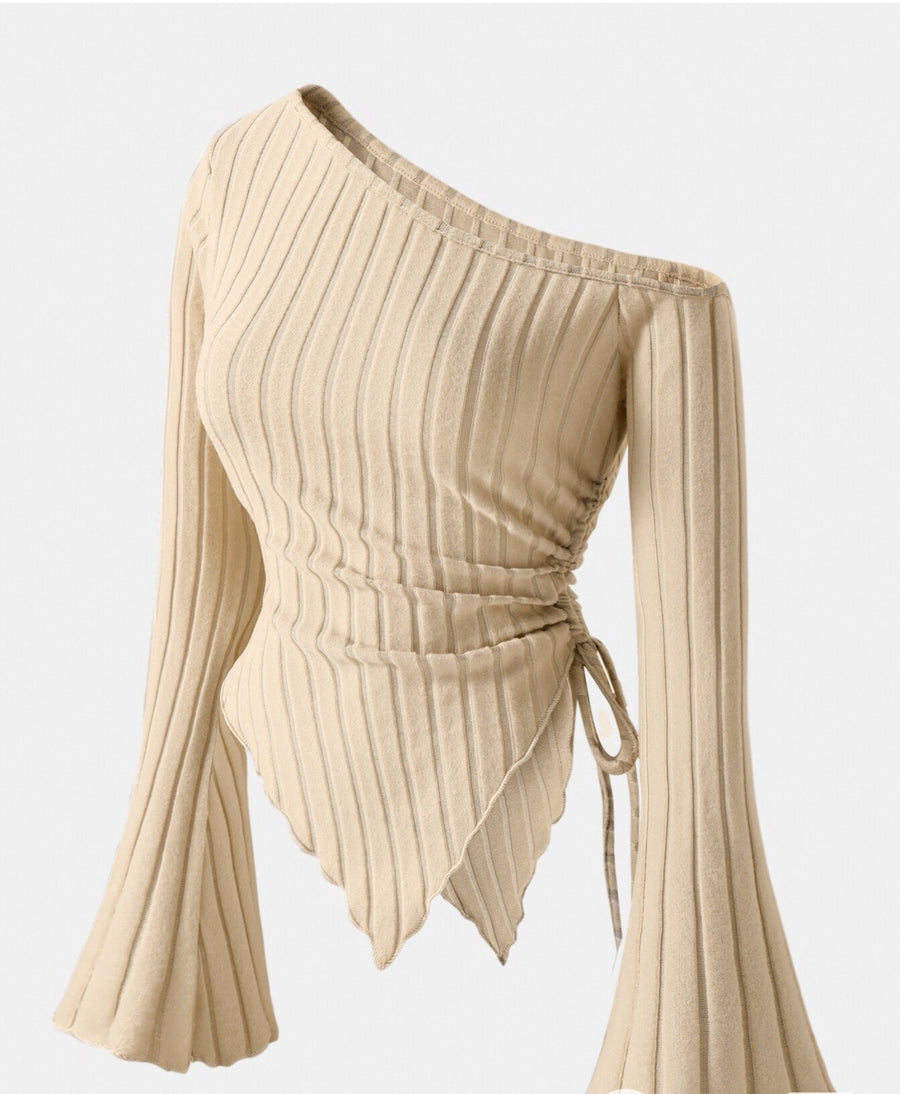 Asymmetric Hem Flared Sleeves Off-shoulder T-shirt
