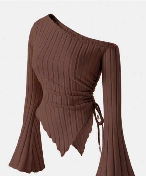 Asymmetric Hem Flared Sleeves Off-shoulder T-shirt