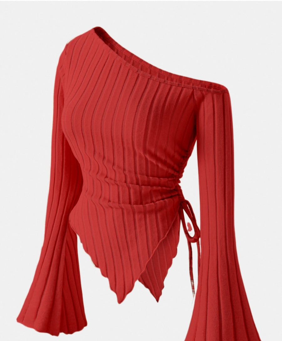 Asymmetric Hem Flared Sleeves Off-shoulder T-shirt