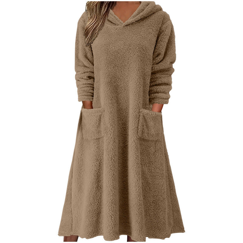 Relaxed Casual Fleece Hooded Long-sleeve Dress for Women