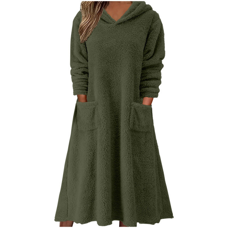Relaxed Casual Fleece Hooded Long-sleeve Dress for Women
