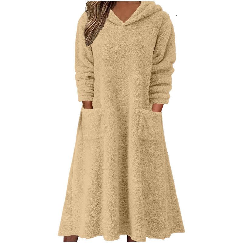 Relaxed Casual Fleece Hooded Long-sleeve Dress for Women