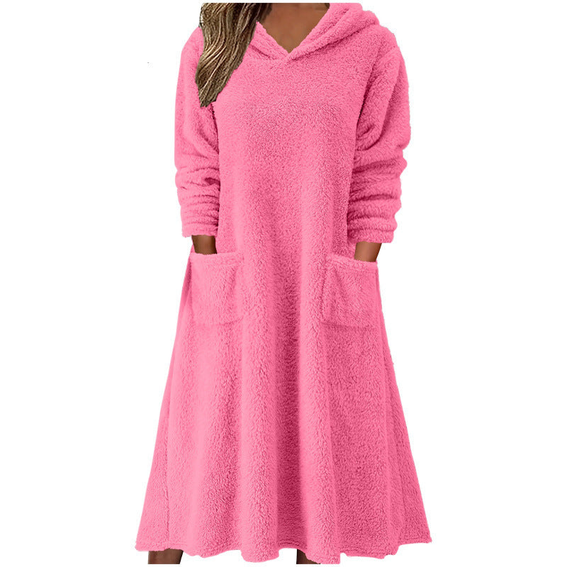 Relaxed Casual Fleece Hooded Long-sleeve Dress for Women