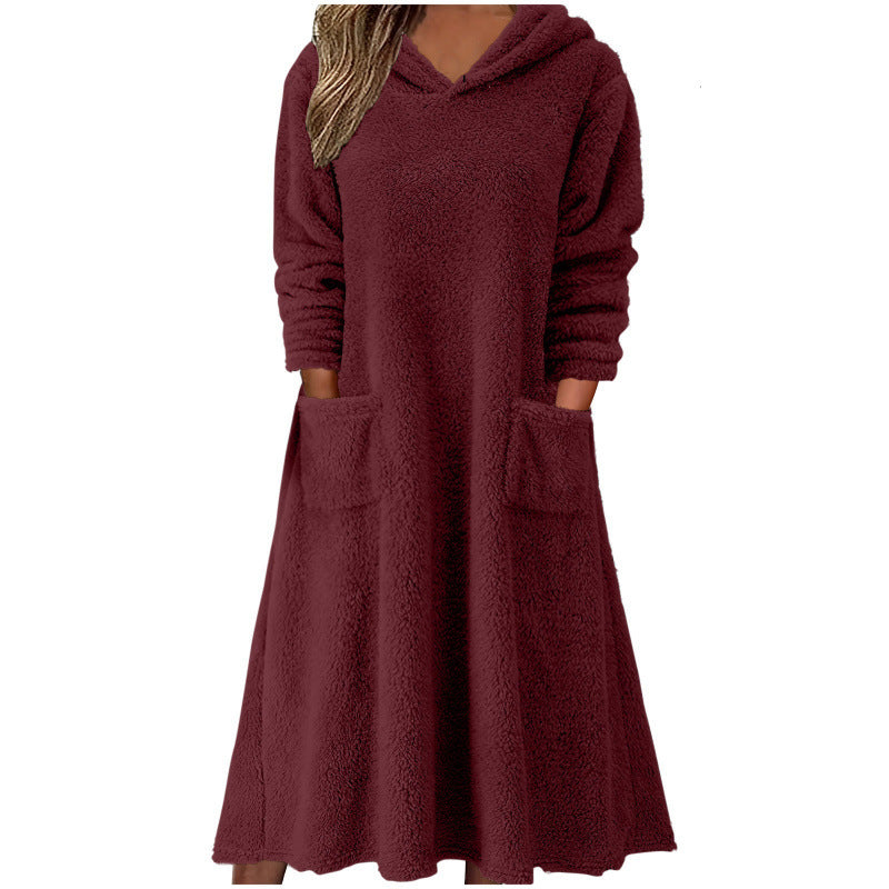 Relaxed Casual Fleece Hooded Long-sleeve Dress for Women