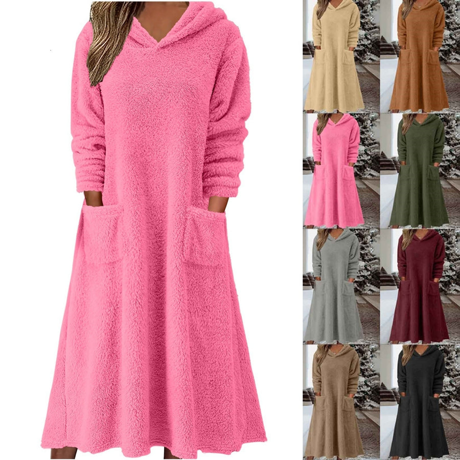 Relaxed Casual Fleece Hooded Long-sleeve Dress for Women