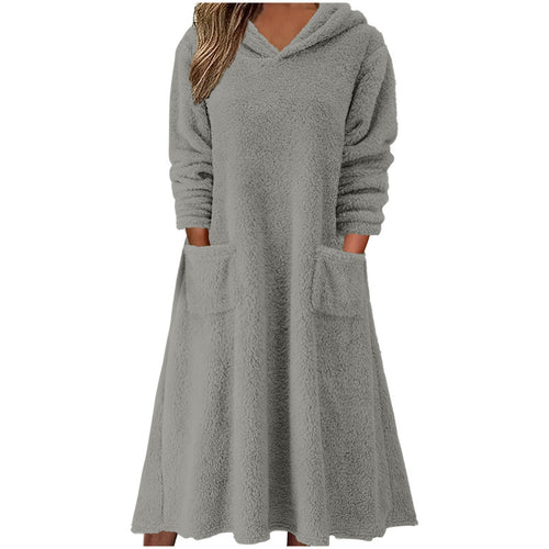 Relaxed Casual Fleece Hooded Long-sleeve Dress for Women