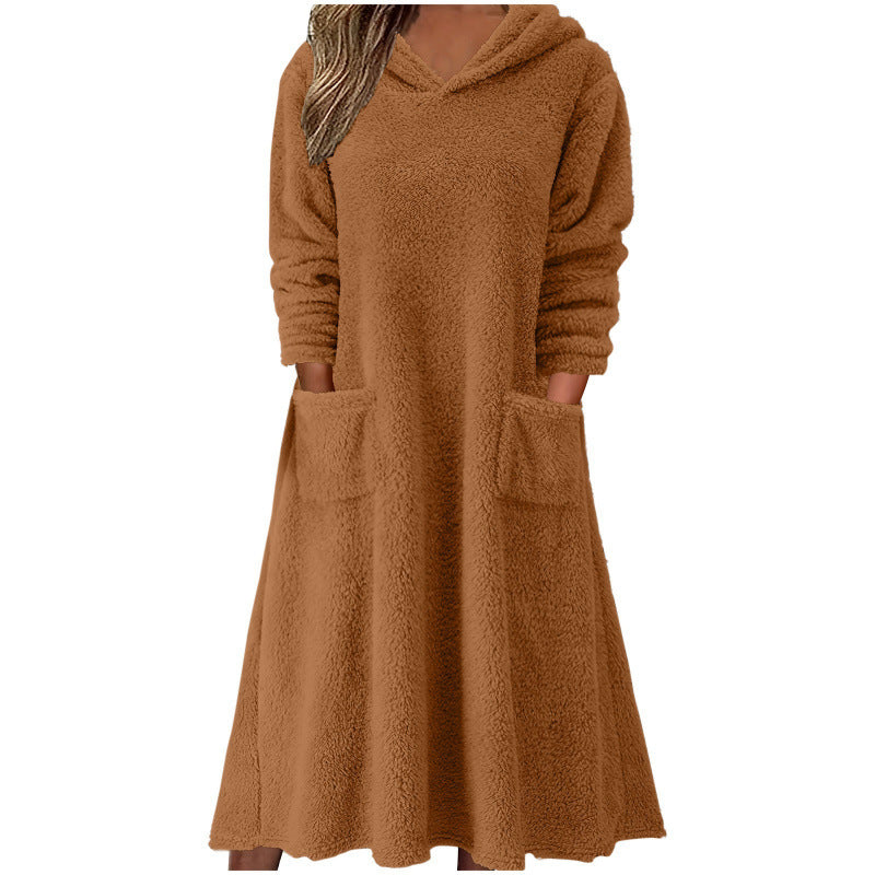 Relaxed Casual Fleece Hooded Long-sleeve Dress for Women