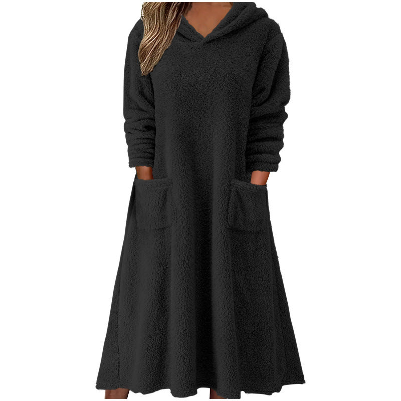 Relaxed Casual Fleece Hooded Long-sleeve Dress for Women