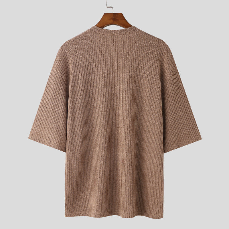 Mid-sleeved Ribbed Knitted Stretchy Loose-fit V-neck T-shirt