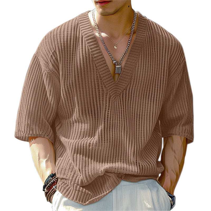 Mid-sleeved Ribbed Knitted Stretchy Loose-fit V-neck T-shirt