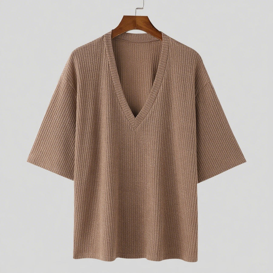 Mid-sleeved Ribbed Knitted Stretchy Loose-fit V-neck T-shirt