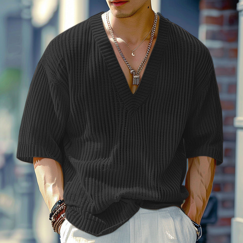 Mid-sleeved Ribbed Knitted Stretchy Loose-fit V-neck T-shirt