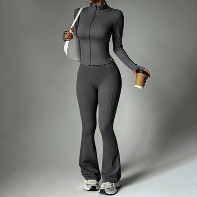 Womens Solid-Color Casual Sports Yoga Long-Sleeve Set