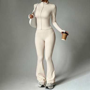 Womens Solid-Color Casual Sports Yoga Long-Sleeve Set