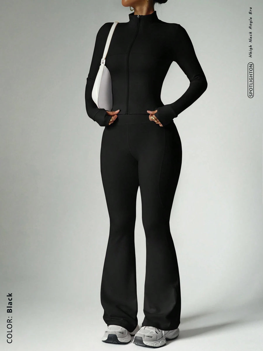 Womens Solid-Color Casual Sports Yoga Long-Sleeve Set