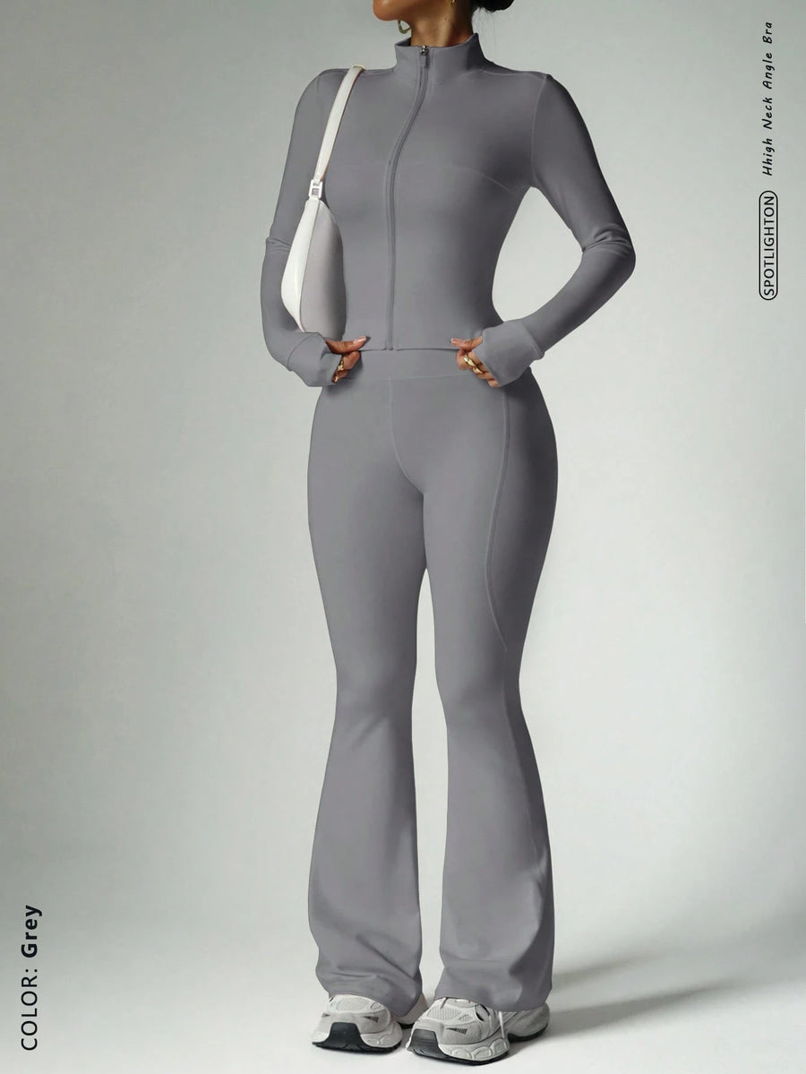Womens Solid-Color Casual Sports Yoga Long-Sleeve Set
