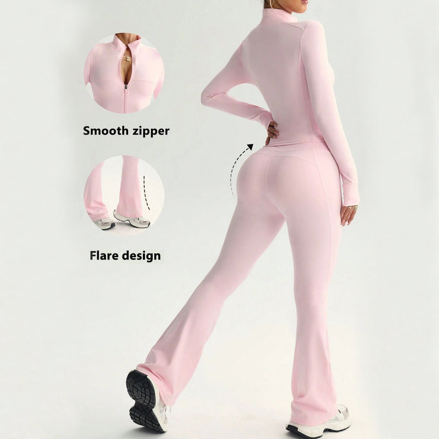 Womens Solid-Color Casual Sports Yoga Long-Sleeve Set