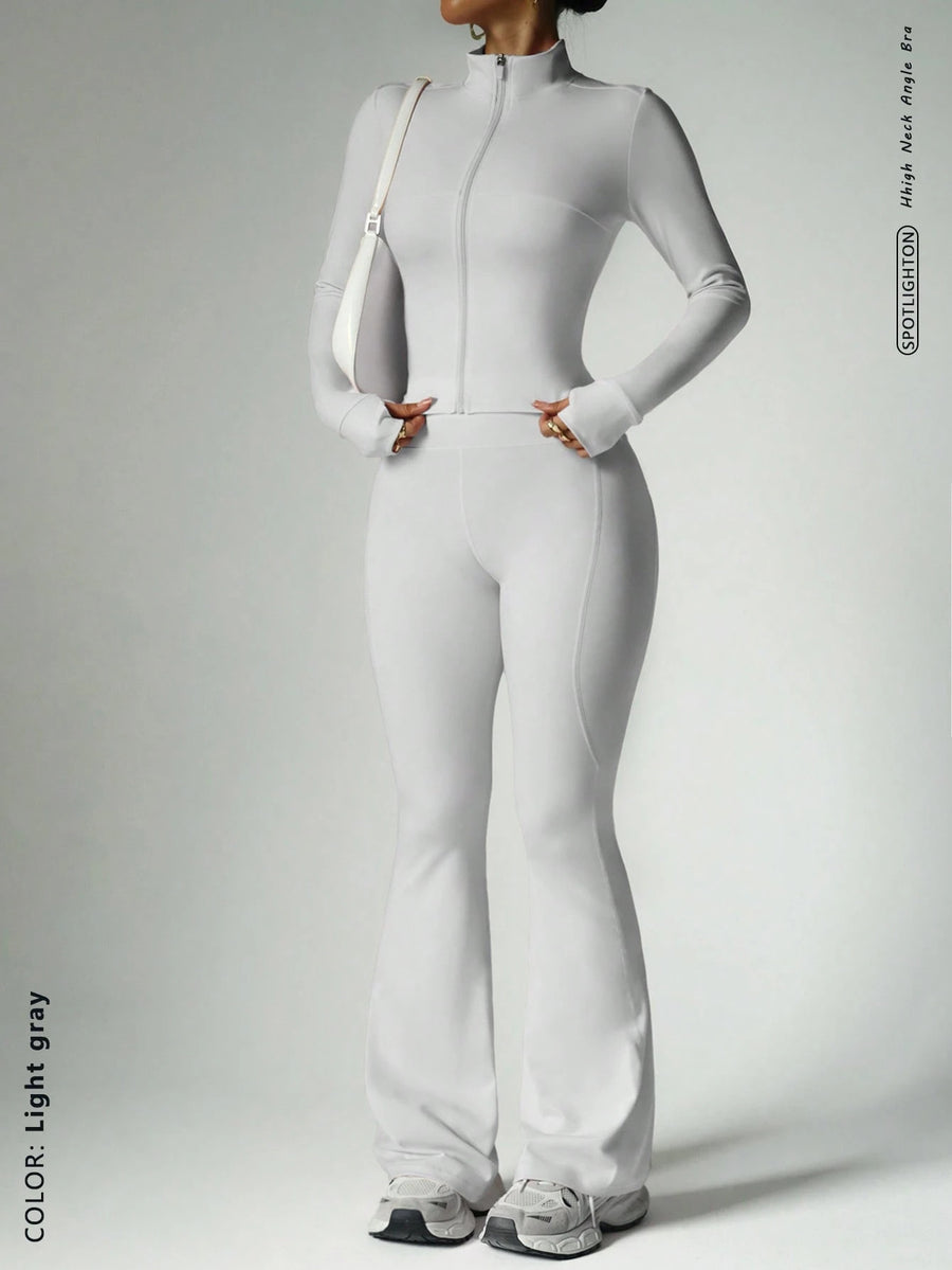 Womens Solid-Color Casual Sports Yoga Long-Sleeve Set