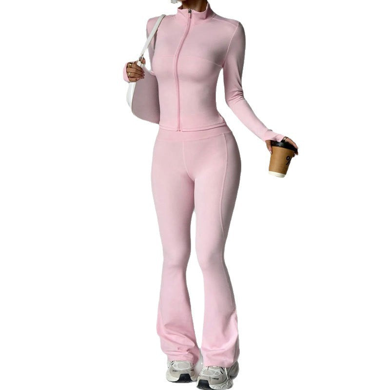 Womens Solid-Color Casual Sports Yoga Long-Sleeve Set