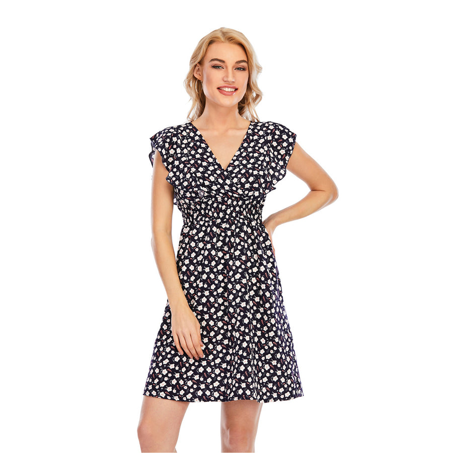 Elegant V-neck Chiffon Printed Ruffled Sleeveless Dress