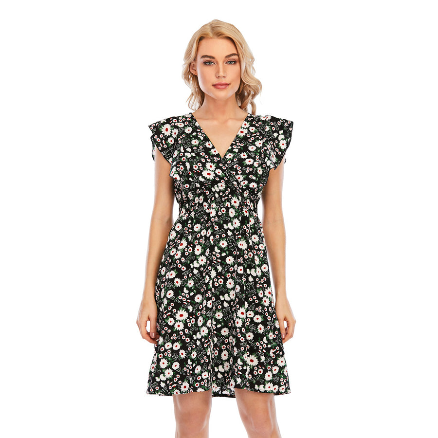 Elegant V-neck Chiffon Printed Ruffled Sleeveless Dress