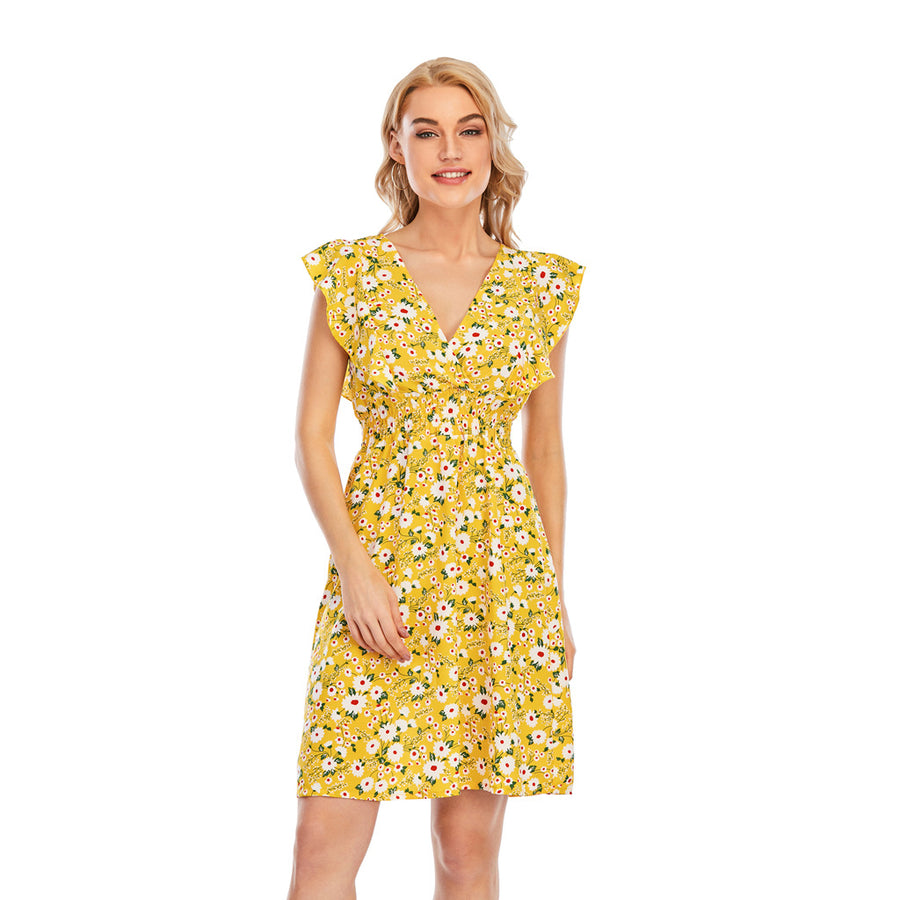 Elegant V-neck Chiffon Printed Ruffled Sleeveless Dress