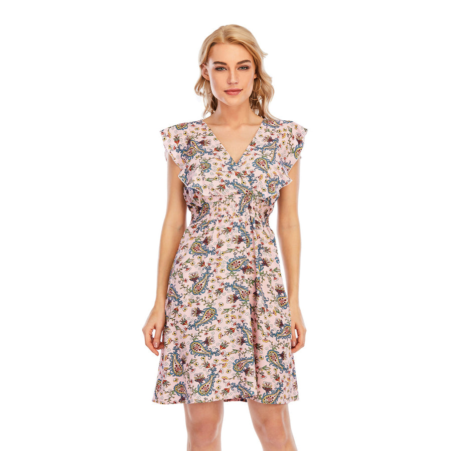 Elegant V-neck Chiffon Printed Ruffled Sleeveless Dress