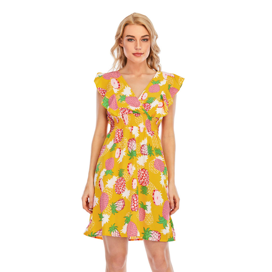 Elegant V-neck Chiffon Printed Ruffled Sleeveless Dress