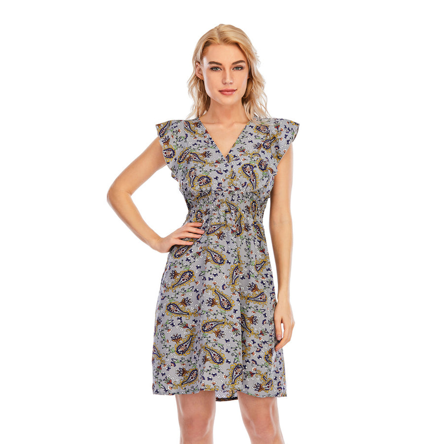 Elegant V-neck Chiffon Printed Ruffled Sleeveless Dress