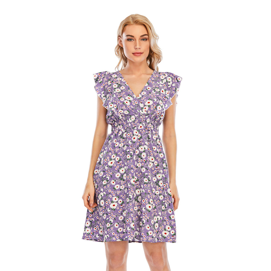 Elegant V-neck Chiffon Printed Ruffled Sleeveless Dress