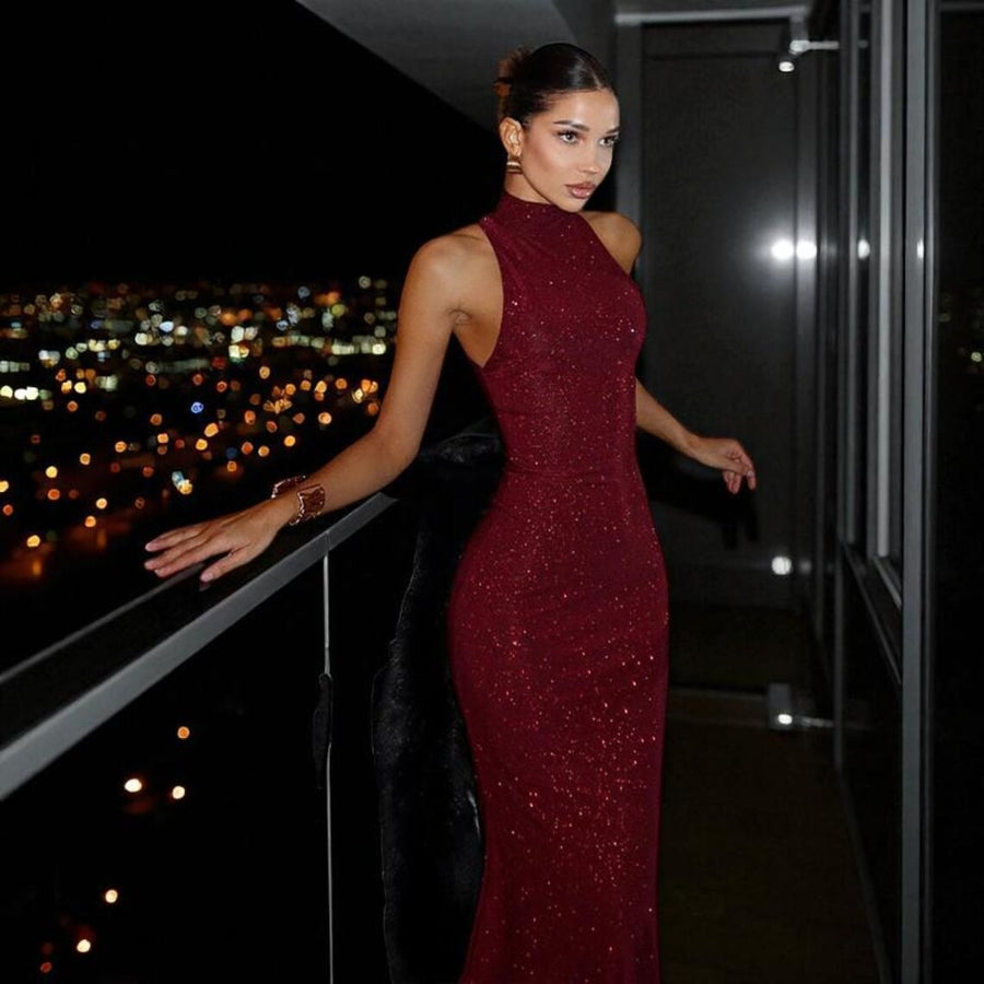 Womens Solid-Color Elegant Halter Neck Bodycon Dress