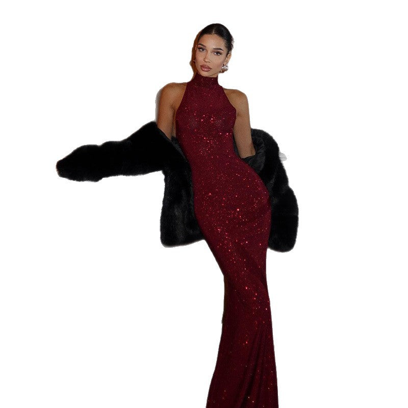 Womens Solid-Color Elegant Halter Neck Bodycon Dress