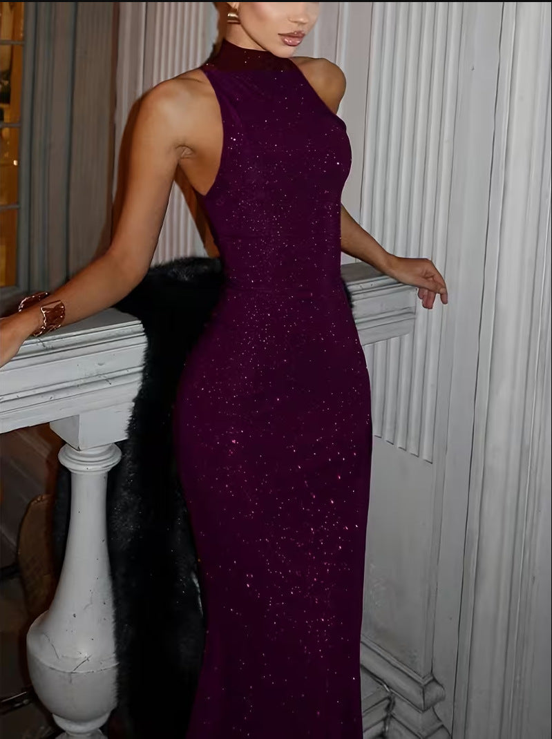 Womens Solid-Color Elegant Halter Neck Bodycon Dress