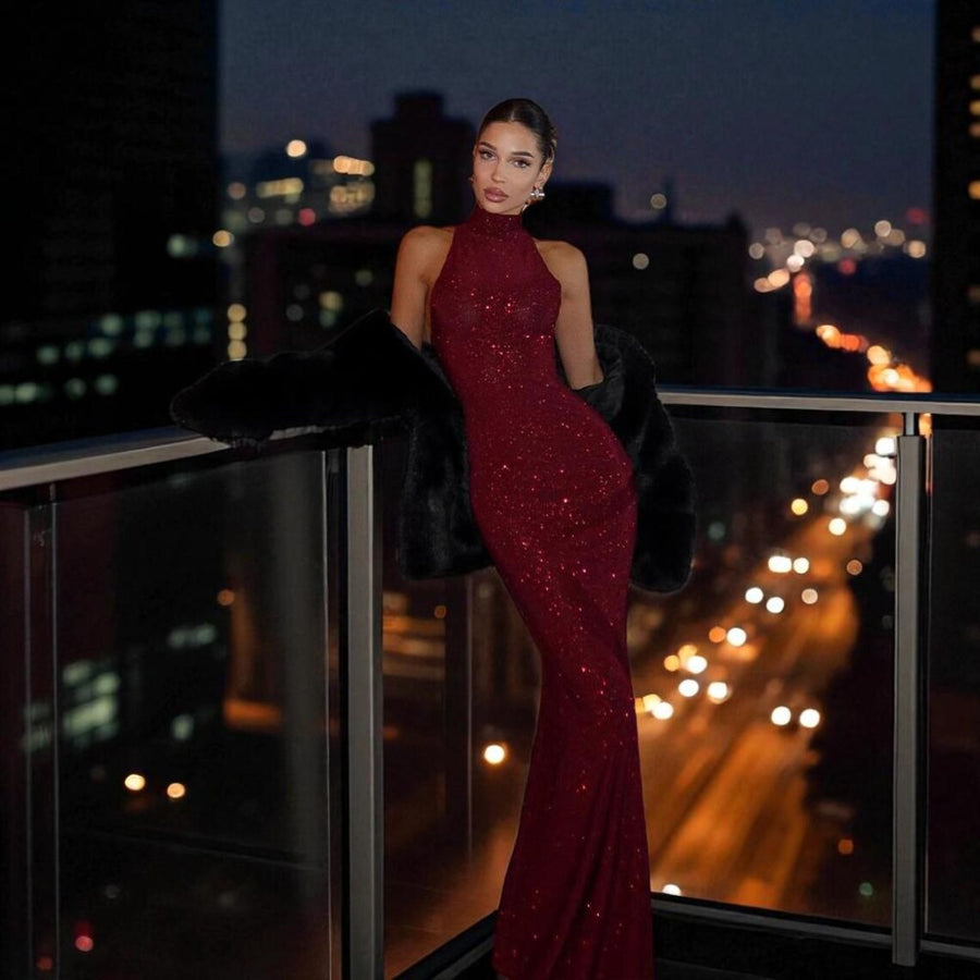 Womens Solid-Color Elegant Halter Neck Bodycon Dress