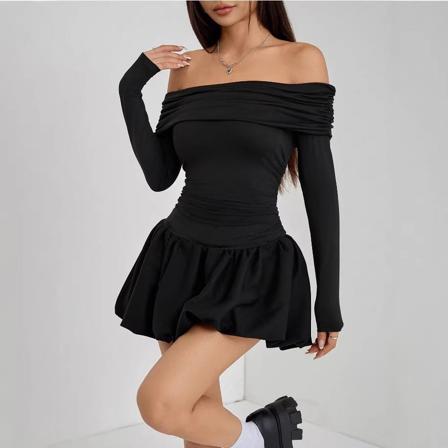 Womens Solid-Color One-Shoulder Long-Sleeve Mini Dress