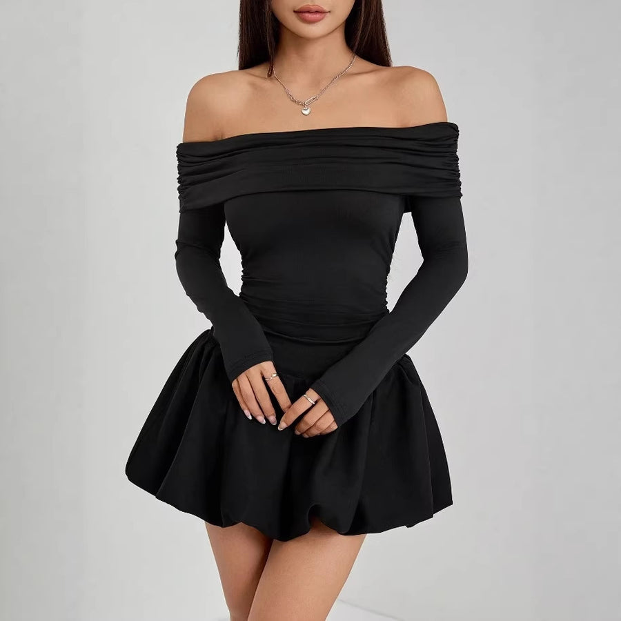 Womens Solid-Color One-Shoulder Long-Sleeve Mini Dress