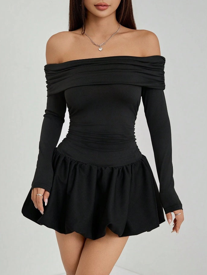 Womens Solid-Color One-Shoulder Long-Sleeve Mini Dress