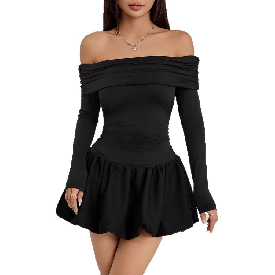 Womens Solid-Color One-Shoulder Long-Sleeve Mini Dress