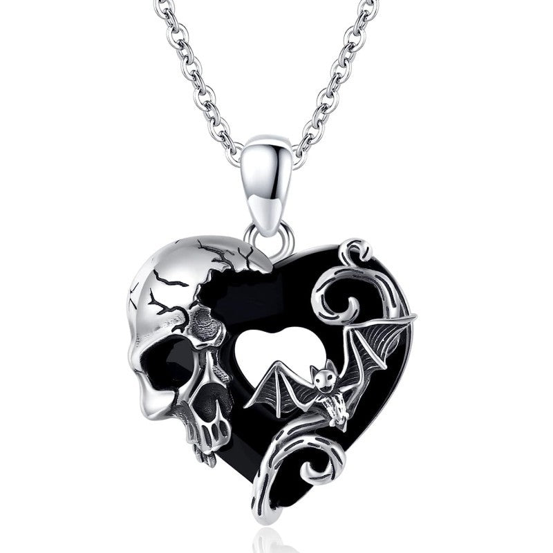 Gothic Heart Skull and Bat Necklace - Retro Dark Style