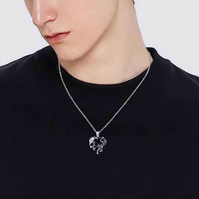 Gothic Heart Skull and Bat Necklace - Retro Dark Style