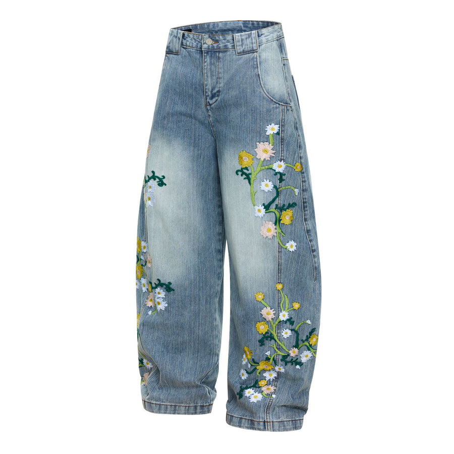 Womens High-waisted Relaxed-fit Floral-embroidered Jeans