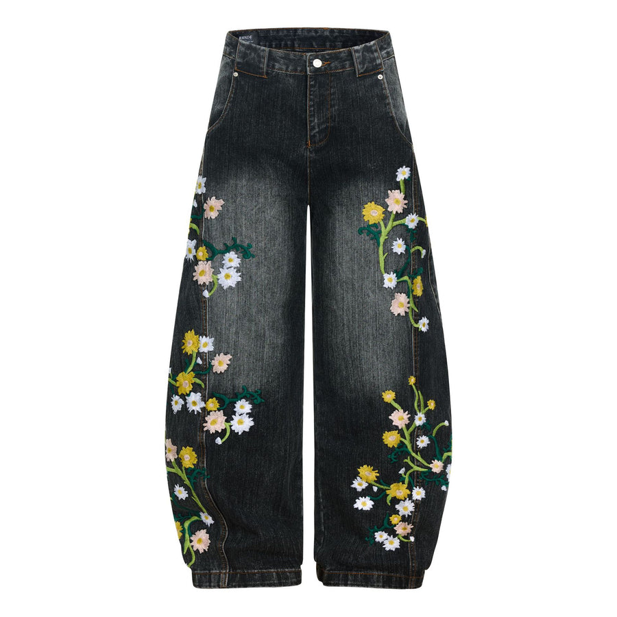 Womens High-waisted Relaxed-fit Floral-embroidered Jeans